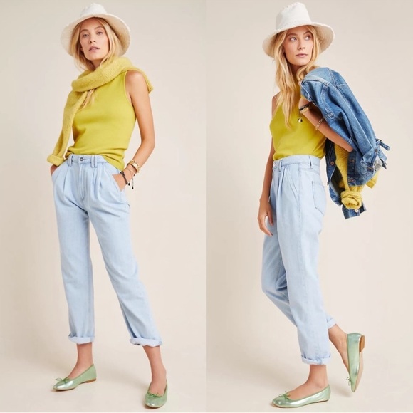 PAIGE Denim - PAIGE Pleated Trouser Cuff Jeans 28 Parisun Cropped Baggy Light Wash Y2K Retro